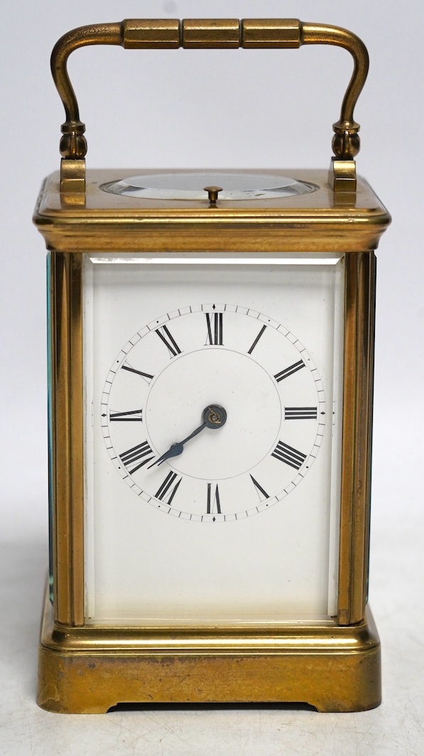 A late 19th century Henri Jacot brass cased eight day repeating carriage clock, 15cm. Condition - good, not tested as working